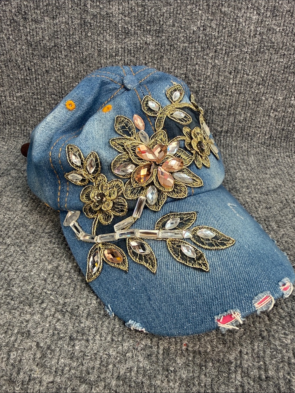 Distressed Embellished Denim Baseball Cap with Crystal Floral Appliqué CUTE